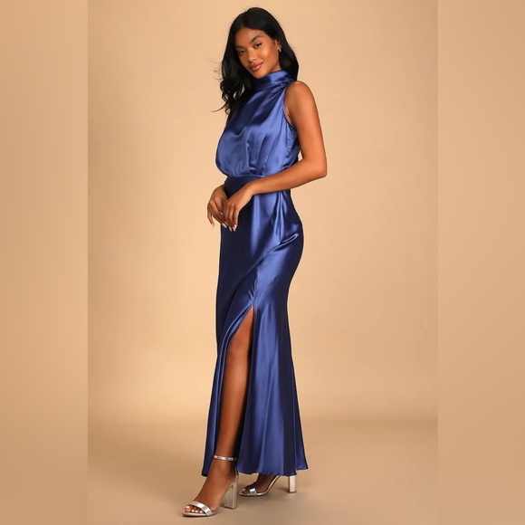 New Lulus Classic Elegance Blue Satin Sleeveless Mock Neck Maxi Dress Size 2X - Picture 2 of 4